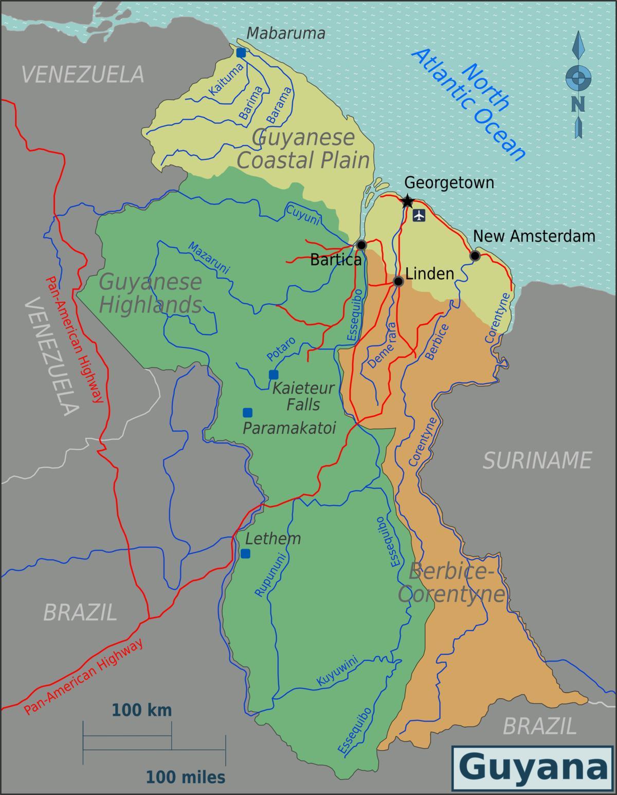 აღმოსავლეთ სანაპიროზე demerara Guyana რუკა