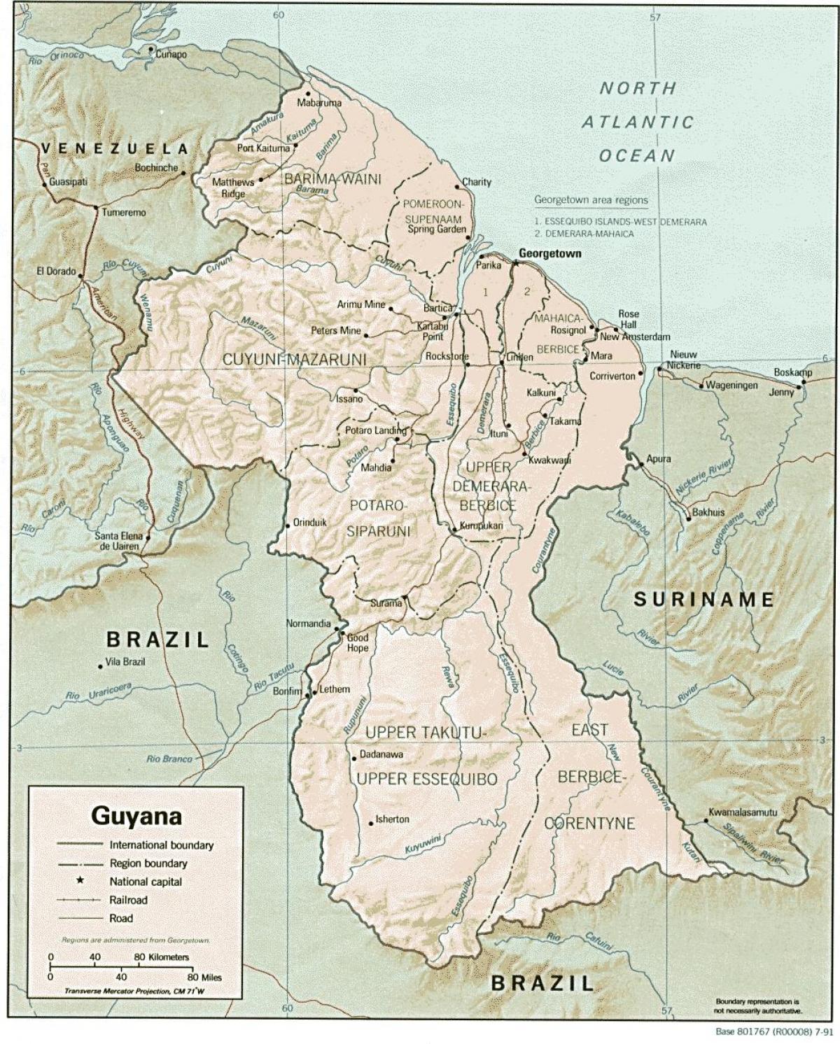 რუკაზე აჩვენებს amerindian დასახლებები Guyana