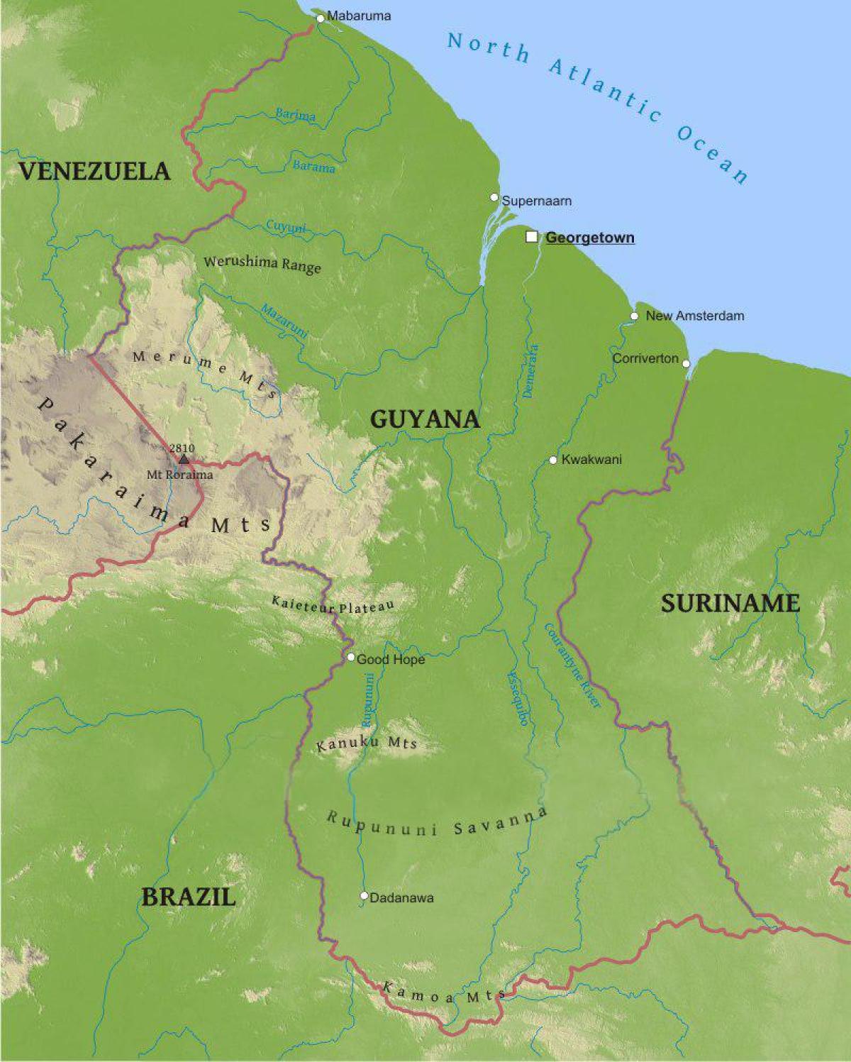რუკა Guyana აჩვენებს დაბალი სანაპირო დაბლობზე