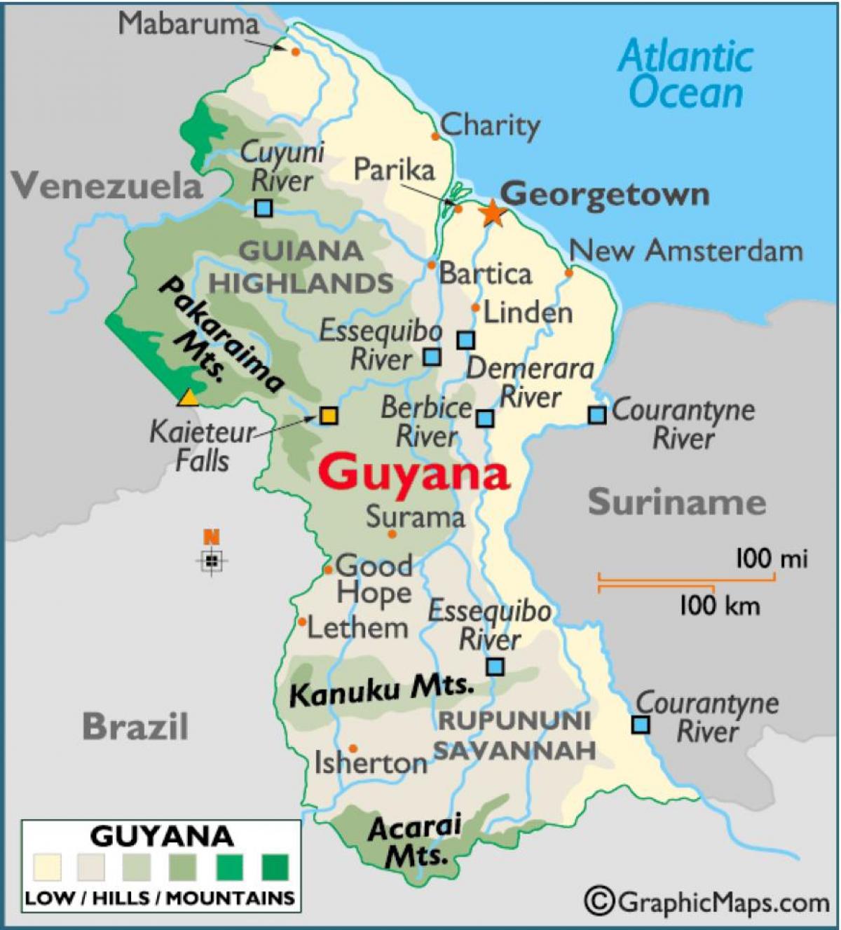 რუკა Guyana აჩვენებს მთათა