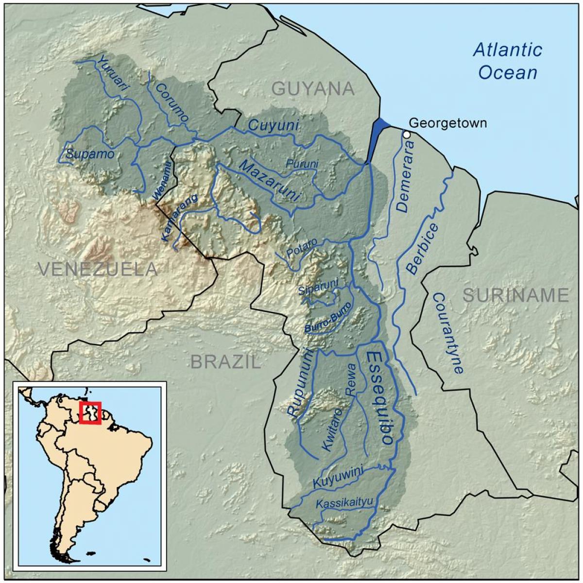 რუკა Guyana აჩვენებს სამი ძირითადი მდინარეები