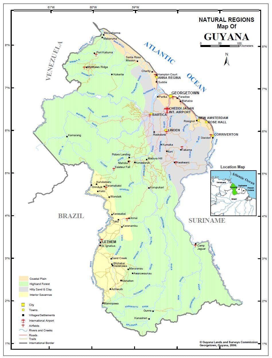 რუკა Guyana აჩვენებს 4 ბუნებრივი რეგიონებში