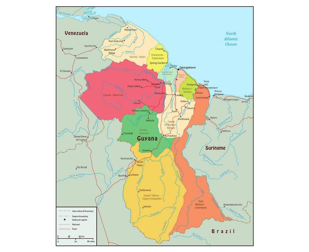 რუკა Guyana აჩვენებს 10 ადმინისტრაციული რეგიონები