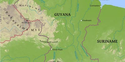 რუკა Guyana აჩვენებს დაბალი სანაპირო დაბლობზე