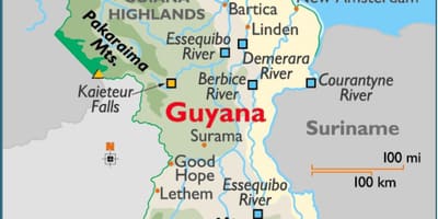 რუკა Guyana აჩვენებს მთათა