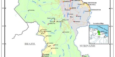 რუკა Guyana აჩვენებს ბუნებრივი რესურსების