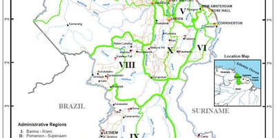 რუკა Guyana აჩვენებს რეგიონებში
